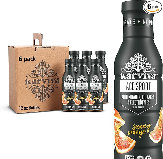 KARVIVA ACE Collagen Juice Energy Recovery Healthy Joints Skin &amp Hair Antioxidants Marine Collagen Electrolytes Low-Sugar Low-Calories Non-GMO Vitamins (6 BPA-Free Bottles12 fl oz Each)