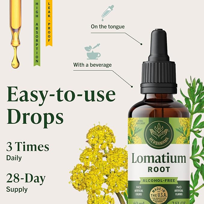 HERBAMAMA Lomatium Root Tincture - Vegan Lomatium Dissectum Extract for Lung Detox &amp Cleanse - Non-GMO Alcohol &amp Sugar-Free Respiratory Lung Support Supplement 28-Day Supply