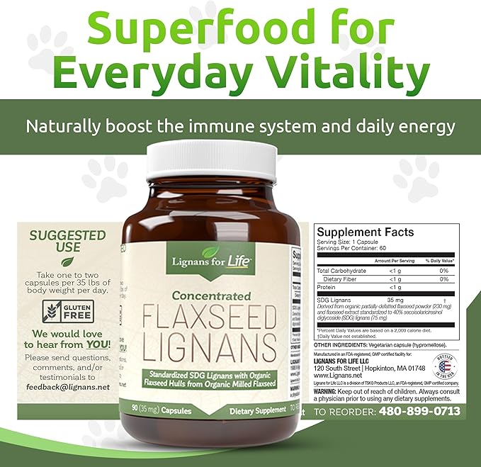 Lignans For Life Flaxseed Lignans for Dogs + SDG - Omega 3 Fatty Acids High Fiber Antioxidants Helps Improve Shiny Coat Digestive &amp Heart Health Lignans 35mg 90 Flaxseed Capsules 2 Pack