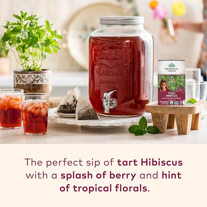 Organic India Tulsi Hibiscus Tea Bags - Holy Basil Herbal Tea Stress Relieving Immune Support USDA Organic Calming Caffeine Free- 18 Bags 6 Pack