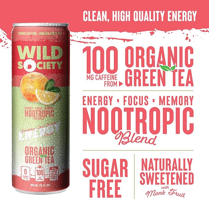 Wild Society Natural Energy Drink + Nootropics (12 pack) - 100 mg Organic Caffeine from Green Tea - Zero Sugar &amp Zero Calories - Monk Fruit Sweetened - Clean Ingredients - Fuel Mind &amp Body - C