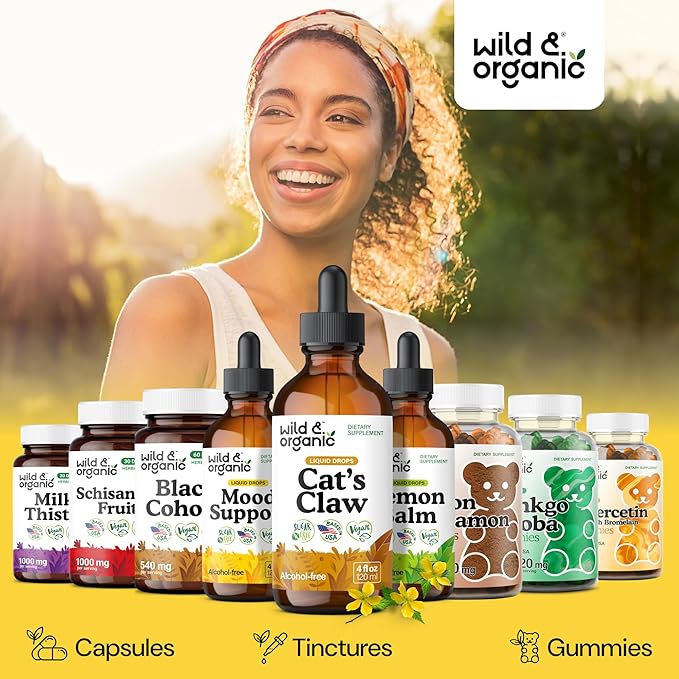 Wild &amp Organic Cats Claw Herb Supplement - Immune Support - Pure Cats Claw Tincture - Add to Tea Liquid Drops - Uncaria Tomentosa Bark - Vegan Sugar &amp Alcohol-Free - 4 fl oz