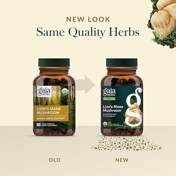 Gaia Herbs Lion's Mane Mushroom - Brain &amp Nerve Health Support* - 120 Vegan Capsules (120 Servings)