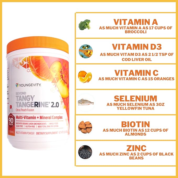 Youngevity Beyond Tangy Tangerine 2.0 Citrus Peach Fusion Multi-Vitamin &amp Mineral Complex - Made with Natural &amp Whole Foods | 8000 ORAC