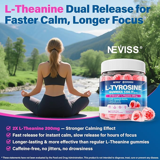 L Tyrosine Gummies Supplement 1200mg GABA L-Theanine Supplement 200mg with Magnesium Glycinate Vitamin B6 D3 &amp C - Calm &amp Focus Gummies - Brain Supplements for Memory Mood &amp Relax for A