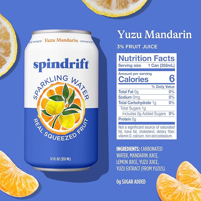 Spindrift Sparkling Water Yuzu Mandarin Flavored Made with Real Squeezed Fruit 12 Fl OZ Cans Pack of 24 (Only 6 Calories per Can)