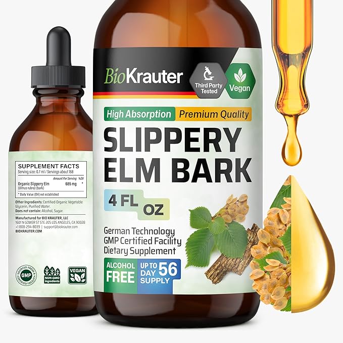 BIO KRAUTER Slippery Elm Bark Tincture - Pure Slippery Elm for Women &amp Men - 4 Fl.Oz. 56 Days of Supply - Throat &amp Voice Support - Vegan Liquid Drops for Lungs - Respiratory &amp Digestive He
