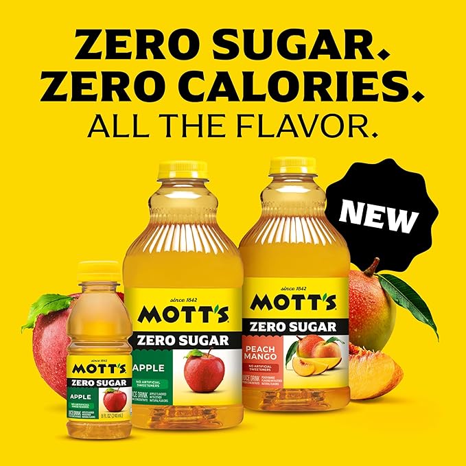 Mott's Zero Sugar Apple Juice Drink 64 fl oz Bottle (Pack of 8) Apple Flavor Excellent Source of Vitamin C