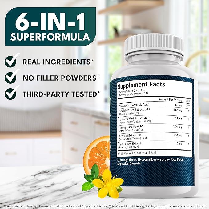 NEW AGE St Johns Wort Rhodiola Rosea Holy Basil Ashwagandha - Support for Women and Men with Vitamin C &amp Black Pepper Extract - 60 Count