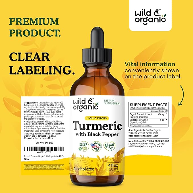 Wild &amp Organic Turmeric Tincture - Turmeric Curcumin with Black Pepper Extract - Mobility Support Supplement - Curcumin Root Liquid Drops - Vegan Sugar &amp Alcohol-Free - 4 fl oz