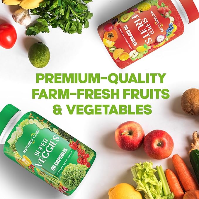 Nature's Core Fruit and Veggie Supplement - 360 Capsules -100% Whole Super Fruit and Super Vegetable Supplements &amp Vitamin Made in USA Soy Free Vegan- 90 Count (Pack of 4)