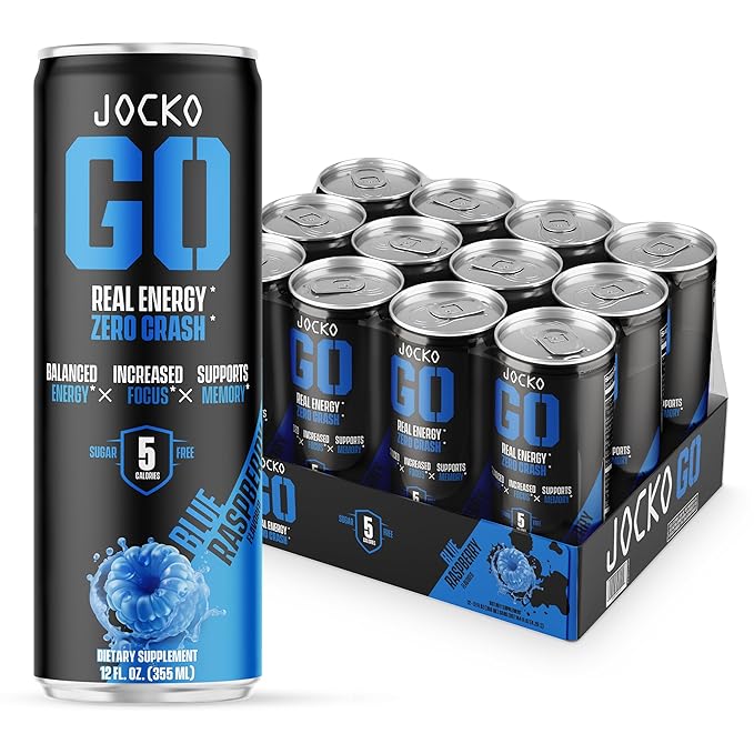 Jocko Fuel Blue Raspberry Energy Drink 12 Pack 0 Sugar 95mg Caffeine Supports Brain Health