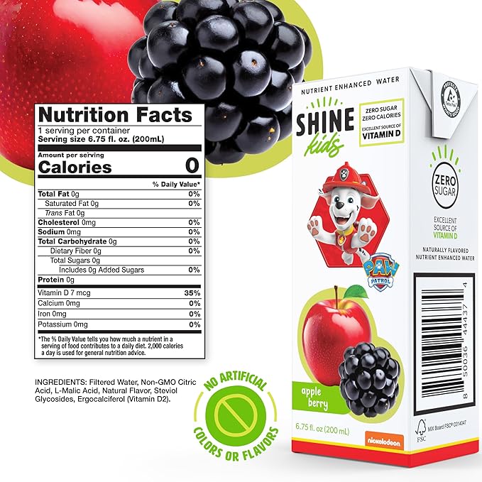 Shine Water x Paw Patrol Apple Berry Juice Boxes with Vitamin D 32-Pack | No Added Sugar | Naturally Flavored Drinks for Kids | Vegan Gluten Free Zero Calorie Hydration