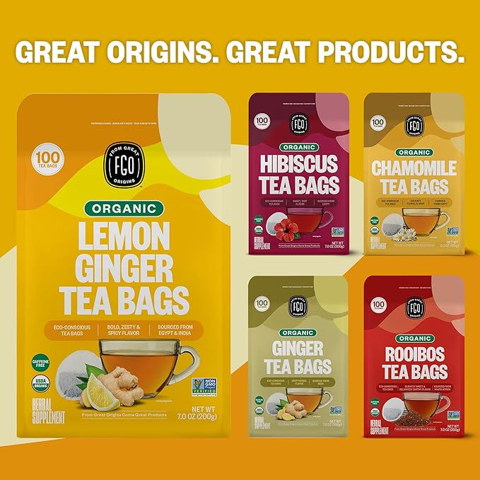 FGO Organic Lemon Ginger Tea 100 Count Eco-Conscious Tea Bags Resealable Bag Caffeine Free Packaging May Vary (Pack of 1)
