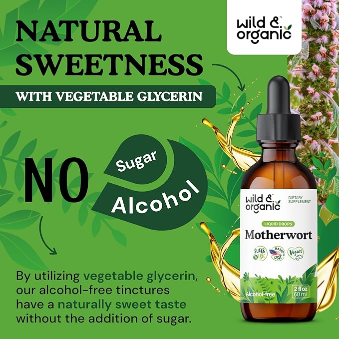 Wild &amp Organic Motherwort Tincture - Good Mood Calmness Women's Support - Motherwort Herb Extract Drops - Vegan Sugar &amp Alcohol-Free Supplement - 2 fl oz