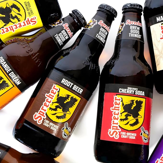Dr Sprecher Soda in 16 fl oz Glass Bottles (12 Pack) Caffeinated Soft Drink with Natural Spiced Cherry Flavor