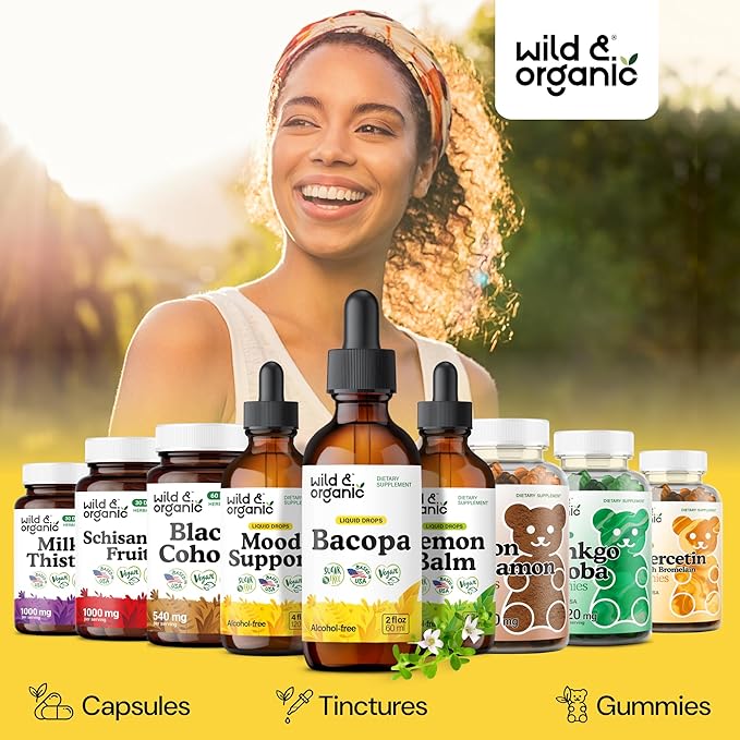 Wild &amp Organic Bacopa Tincture - Supports Calm Focus Clarity - Bacopa Monnieri Supplement Liquid - Alcohol-Free Drops with Brahmi Extract - Vegan Sugar-Free - 2-Month Supply - 2 fl oz