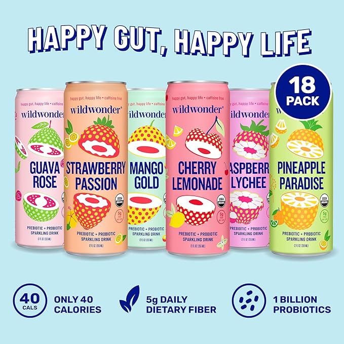 wildwonder Sparkling Probiotic Juice Drink 18pk w/Gut Health &amp Immunity Support 5g Prebiotic Fiber Live Probiotics Organic Vegan Low Sugar Sampler Pack 6 Flavors Seen on Shark Tank