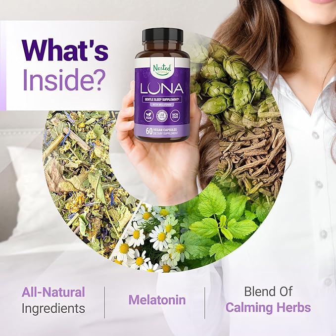 Nested Naturals Luna Sleep Aid - Non-Habit Forming Natural Sleeping Pills for Adults with Naturally Sourced Ingredients - Valerian Root Melatonin Chamomile Lemon Balm and More - 120 Vegan Capsules