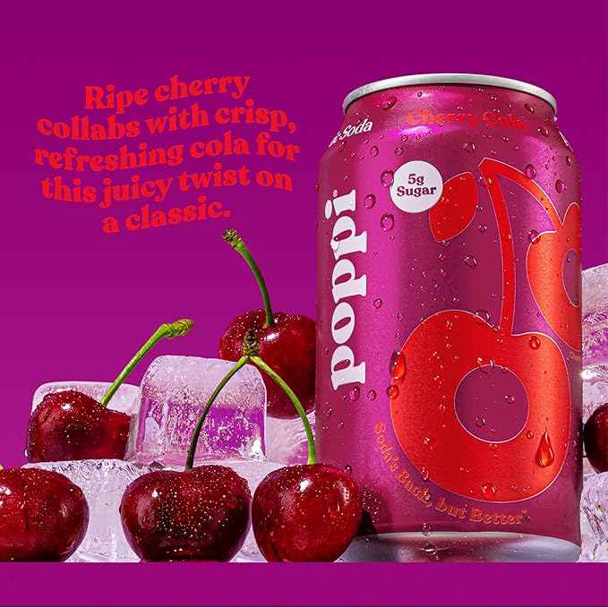 Poppi Sparkling Prebiotic Soda Beverage with Apple Cider Vinegar Seltzer Water and Fruit Juice Cherry Cola Flavor 12 oz Pack of 12 Packaging May Vary.