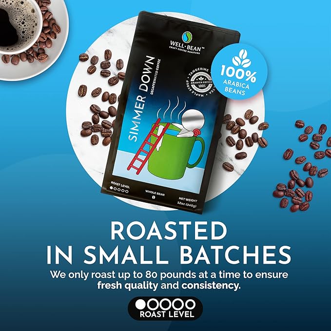 Well-Bean Coffee - Simmer Down Colombian Coffee Beans Decaf Coffee Swiss-Water-Processed Whole Bean Coffee Vegan Decaf Coffee Beans Light Roasted Coffee 2 lb Coffee Bag