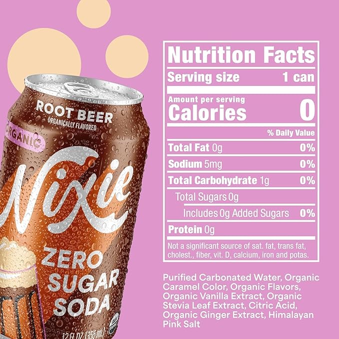 Nixie Organic Zero Sugar Soda Root Beer Healthy Soda Pop Non-GMO 0 Sugar 0 Calories Caffeine Free 12oz Cans (12 Pack)