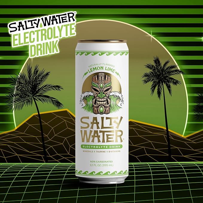 SaltyWater Electrolyte Drink Lemon Lime – Zero Sugar Premium Hydration Drink 10 Calories Minerals Taurine B-Vitamins Non-Carbonated - Zero Caffeine Electrolyte Sports Drink - Gluten Free - 12 Pa
