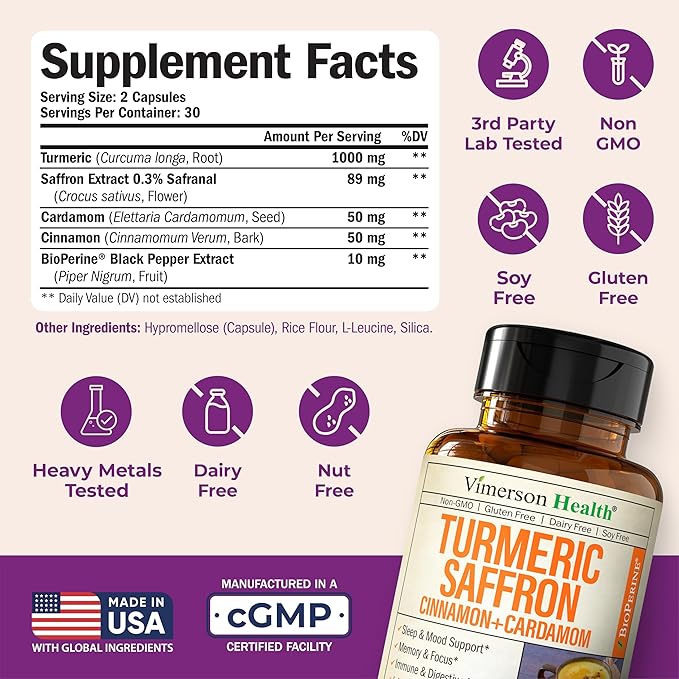 Saffron Supplements – 89mg Saffron Extract 1000mg Turmeric Curcumin Ceylon Cinnamon &amp Cardamom – Daily Mood Joint &amp Metabolic Support – Joint Supplements for Women &amp Men – 60 Capsules