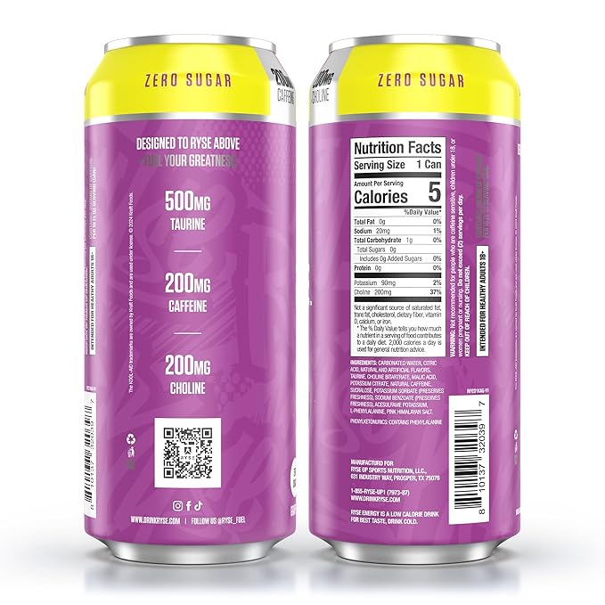 RYSE Fuel Energy Drink - Kool-Aid Grape - Sugar Free Gluten Free &amp Vegan - 200mg Natural Caffeine Taurine &amp Choline for Focus &amp Energy - No Artificial Colors - 16 fl oz Cans (12-Pack)
