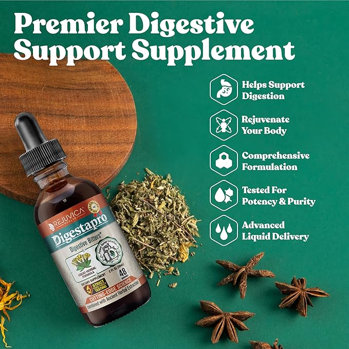 Rejuvica Health DigestaPro - Advanced Digestive Bitters Supplement - Liquid Delivery for Better Absorption - Gentian Artichoke Burdock Chanca Piedra Ginger &amp More! …
