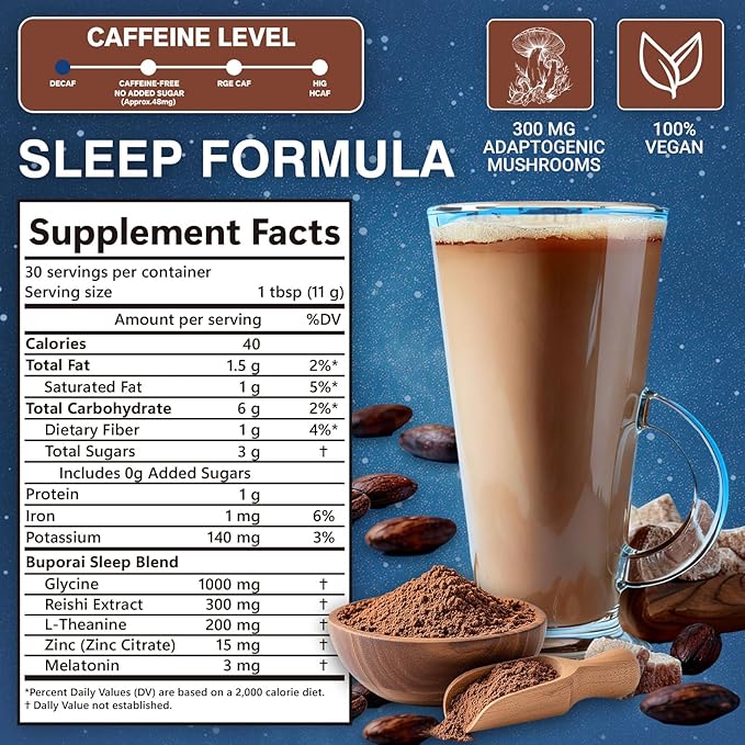 Mushroom Hot Cocoa with Melatonin Reishi L-Theanine Cocoa Powder Hot Chocolate Nighttime Drink Mix for Sleep &amp Relax - 30 Servings