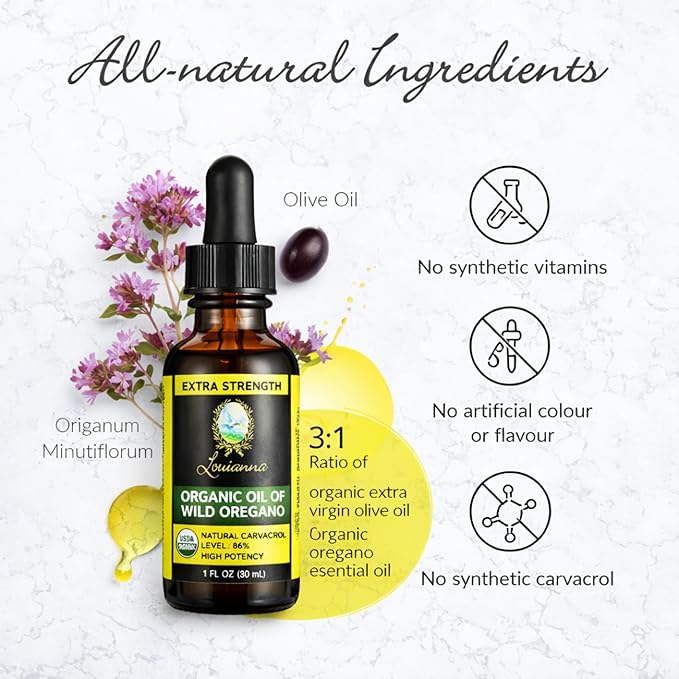 Louianna - Organic Wild Oregano Oil Pure Oil of Oregano Drops with 80 Percent Carvacrol for Oral or Topical Use 30 mL