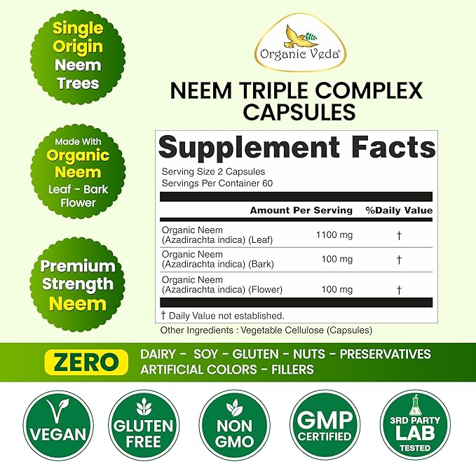 Organic Veda Neem Capsules Triple Complex Neem Leaf Bark &amp Flower Extracts - Herbal Supplement for Acne Cleanse &amp Clear Skin Health - Boost Immune Gut Health for Women &amp Men - 120 Vegan