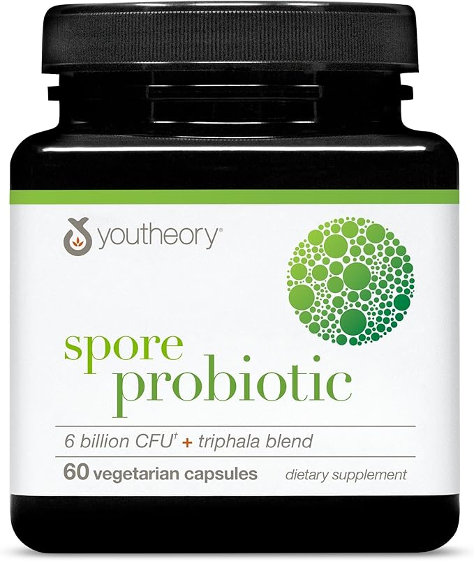 Youtheory Spore Probiotic - Helps Gut Health* - 6 Billion CFU with Prebiotics - Supports Regular Bowel Movement &amp Diarrhea Relief* - Shelf Stable - 60 Vegetarian Capsules (30-Day Supply)