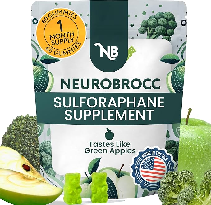 NeuroBrocc Sulforaphane Supplement Gummies – Broccoli Sprout Extract – Vegan Friendly Green Apple Flavor – Broccoli Seed Extrac for Kids and Adults - 60 Gummy Bears