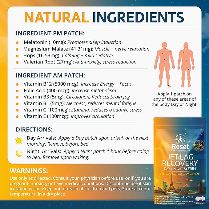 Reset Jet Lag Recovery System | Day and Night Transdermal Patches with Extra Strength Melatonin Magnesium and B Vitamins | Travel Fatigue Relief Sleep Support and Energy Boost |12 Patches