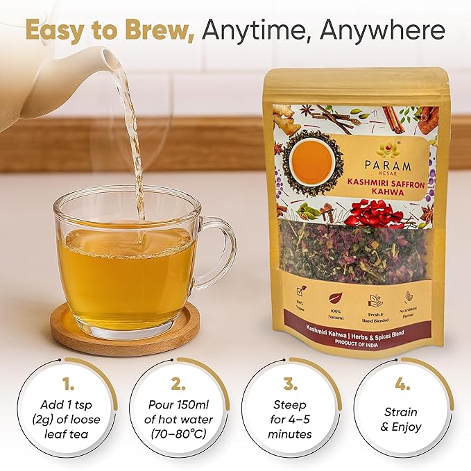 Param Kesar® Organic Kashmiri Kahwa Herbal Tea | Detox &amp Digestive Support | Aromatic 12 Spice Bend | 100g Loose Leaf Tea