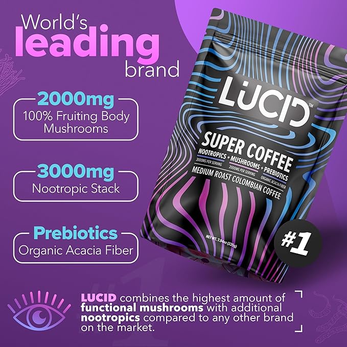 Lucid Superfood Organic Mushroom Coffee with Nootropics - Lion's Mane Tremella Cordyceps &amp Turkey Tail - Instant Mushroom Coffee Focus Brain Health - Alpha GPC L-Theanine Ginko Biloba - USA Ma