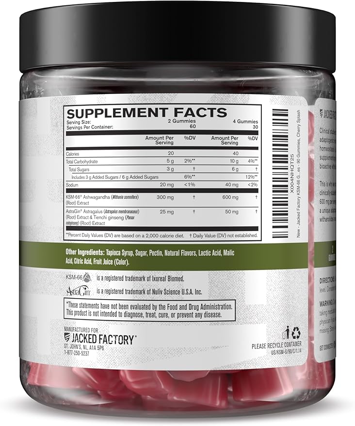 Jacked Factory Ashwagandha Gummies - KSM 66 Ashwagandha Gummies (600mg Per Serving) - Enhance Cognitive Function Boost Mood and Promote Hormonal Balance - 120 Gummies Cherry Splash