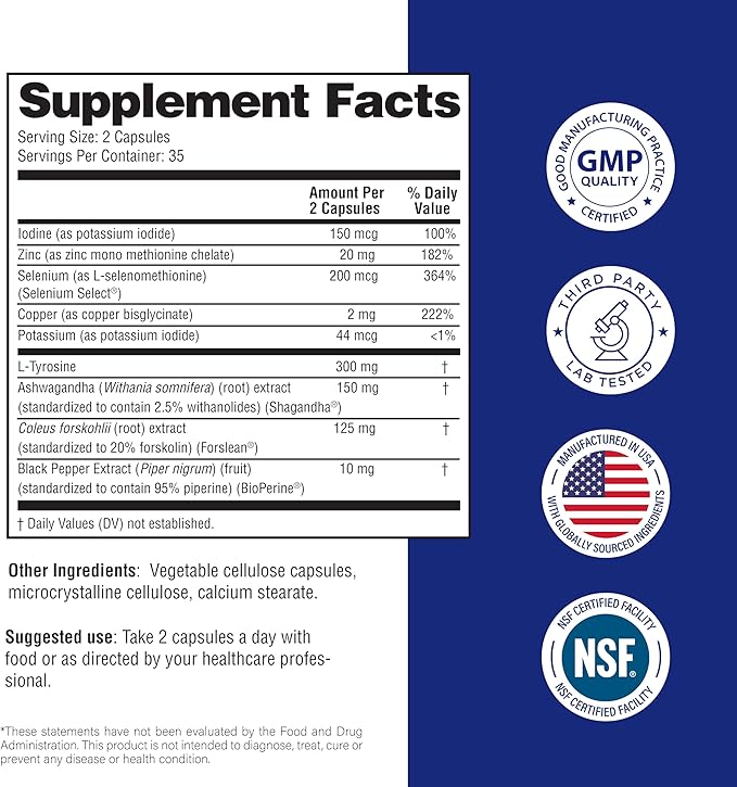 Sandhu's Thyroid Support with Selenium Zinc Iodine L Tyrosine Ashwagandha | Pure Health Supplement for Women &amp Men | 70 Count (Pack of 2) 70 Days Supply