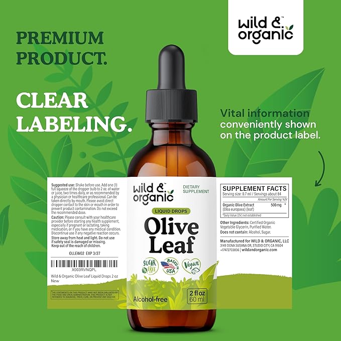 Wild &amp Organic Olive Leaf Extract Liquid Drops - Immune &amp Antioxidant Support - Oleuropein Olive Leaf Supplement - Add to Tea Tincture - Vegan Sugar &amp Alcohol-Free - 2 fl oz
