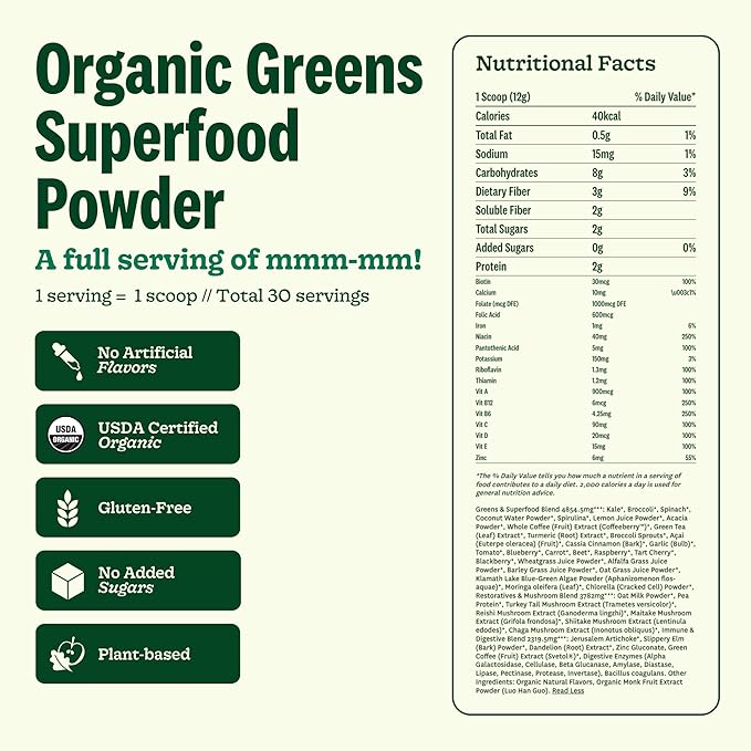 Suja Organic Greens Powder Probiotic Blend Spirulina Daily Superfood Drink or Smoothie Mix for Immune Support Digestion &amp Energy Vegan Gluten Free Non GMO 30 Servings