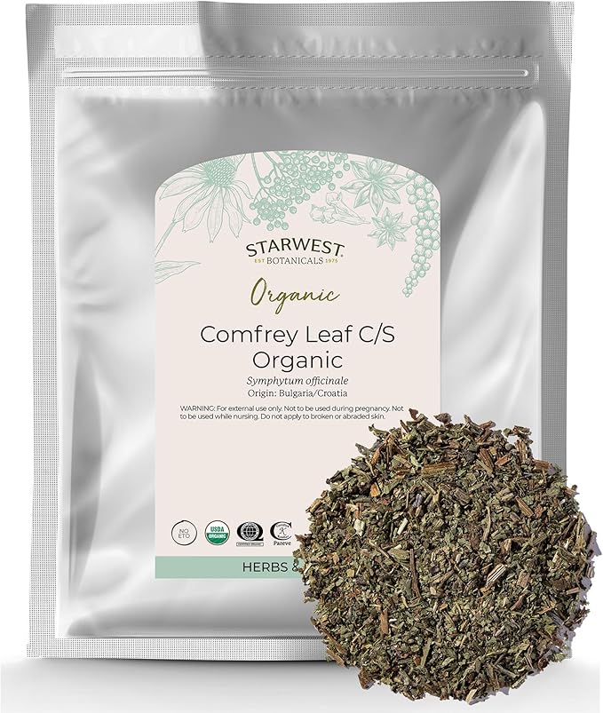 Starwest Botanicals Organic Comfrey Leaf Cut and Sifted - Dried Comfrey Plant for Hair Oil Skin Salves and Topical Application Certified Kosher Non-GMO - Bulk 1 lb Bag