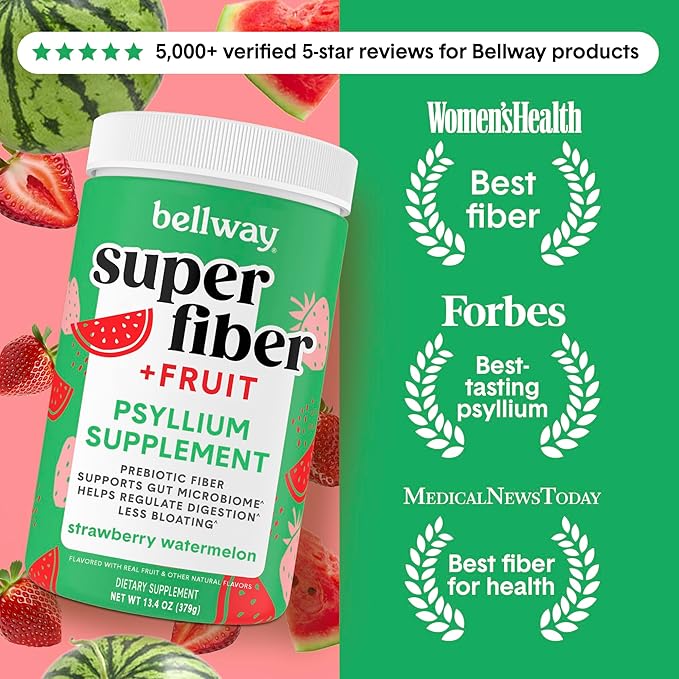 Bellway Super Fiber Powder + Fruit Sugar Free Organic Psyllium Husk Powder Fiber Supplement for Regularity Bloating Relief &amp Digestive Health Plant-Based Strawberry Watermelon (50 Servings)