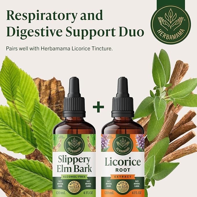HERBAMAMA Slippery Elm Liquid Drops - Vegan Respiratory &amp Digestive Support with Slippery Elm Bark Extract - Non-GMO Alcohol &amp Sugar-Free Supplement Tincture 56-Day Supply