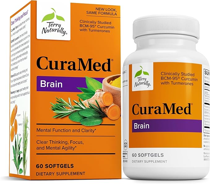 Terry Naturally Curamed Brain - 60 Softgels - BCM-95 Curcumin &amp Vitamin D3 Supplement Supports Brain Health Mental Clarity &amp Focus - Non-GMO Gluten-Free - 30 Servings