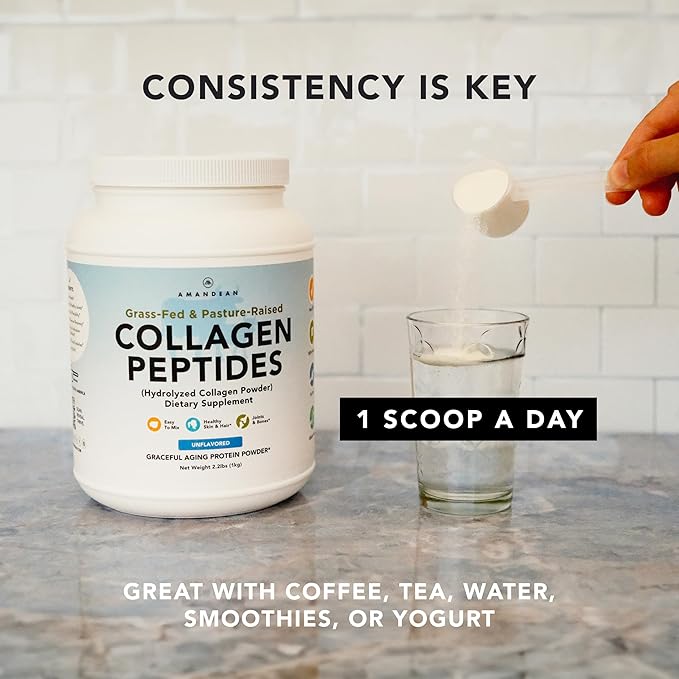 AMANDEAN Collagen Peptides Powder 1kg. Grass-Fed Enzymatically Hydrolyzed Type 1 &amp 3. Agglomerated Easy to Mix Unflavored Non-GMO. Protein with 18 Amino Acids for Healthy Skin Hair Nails.