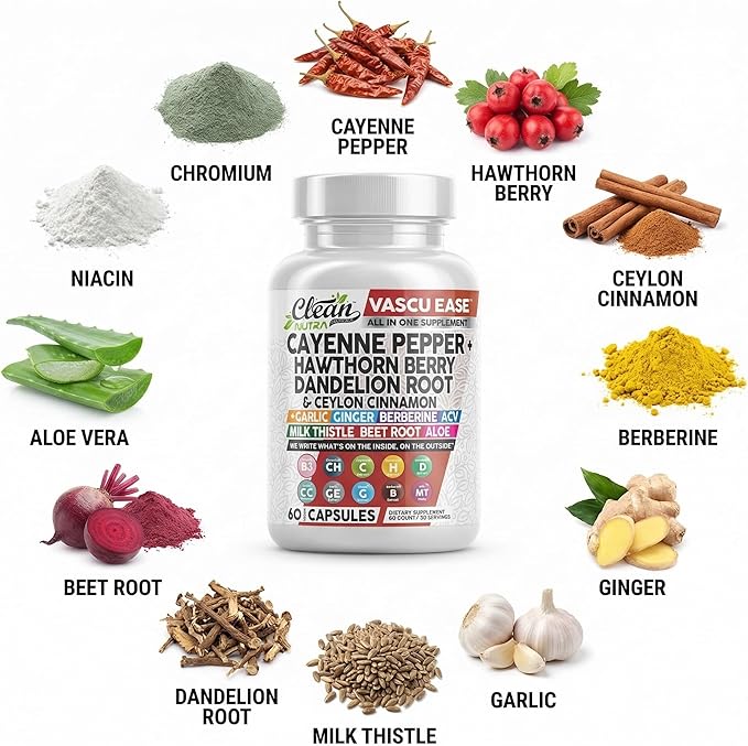 Clean Nutra Cayenne Pepper Capsules Supplement with Hawthorn Berry Dandelion Root Ceylon Cinnamon Garlic Ginger Berberine Apple Cider Vinegar Milk Thistle Beet Root Aloe Vera Pills &amp More