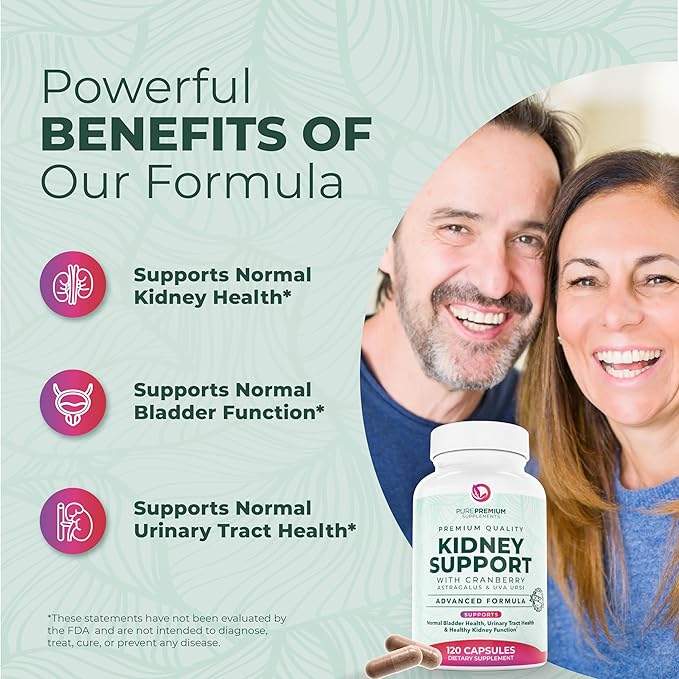 PurePremium Kidney Support Supplement – Kidney Cleanse Detox &amp Repair with Cranberry Extract &amp Astragalus - 21-in-1 Complex Supports Normal Bladder Urinary Tract &amp Kidneys Health - 120 Da