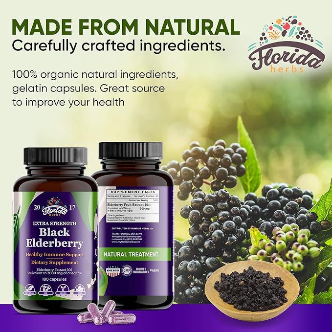 Black Elderberry Capsules | 180 Count | Sambucus Elderberry Vitamins Non-GMO Gluten Free Organic Elderberry Extract Sambucus Nigra